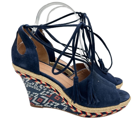 Cabi Isla Navy Blue Platform Wedge Tassel Tie Up Aztec Tribal Heel w Jute Size 8 - Picture 4 of 8